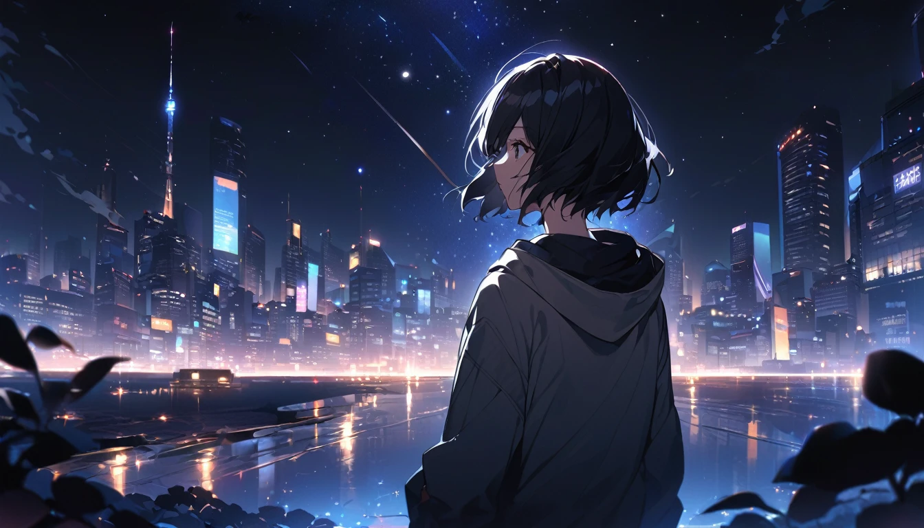 Starry Sky、Night view、City、One woman、Black Hair、Short Hair、Hair blowing in the wind、Wearing a hoodie、back、Full body portrait