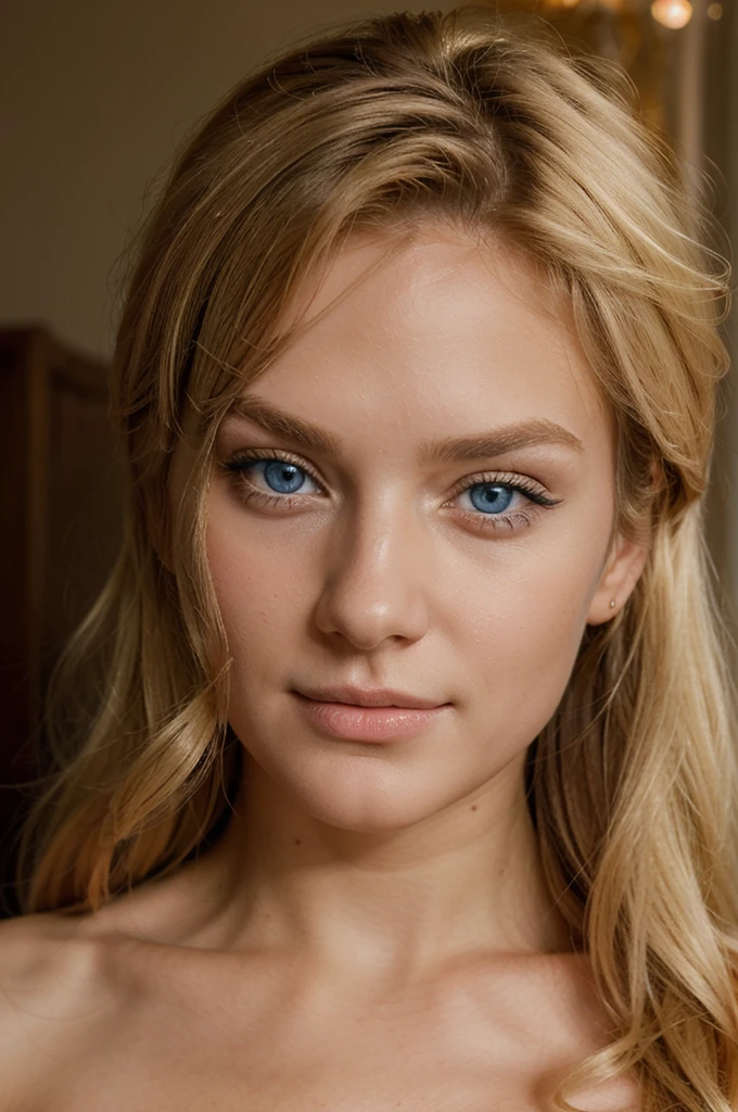 a realistic face of a very pretty 20 year old blonde european woman with blue eyes and an extremely sexy mischievous look