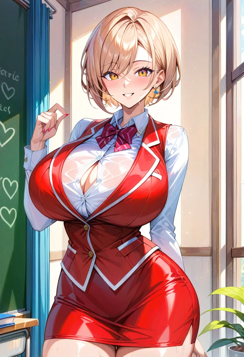 Score_9, score_8_up, 4k, 8k, detailed face, source_anime, artstation, grandeur, intricate-details, depth-of-view, flatshading, BREAK 1girl, mature female, huge breasts, short hair, beige hair, spiked hair, smooth skin, teacher,shirt, vest, pencil skirt, rating_questionablle, in heat, classroom