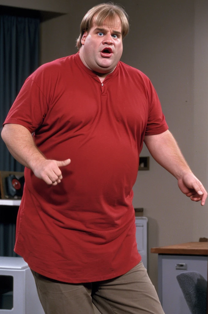 Chris Farley with gray hair. Red shirt.