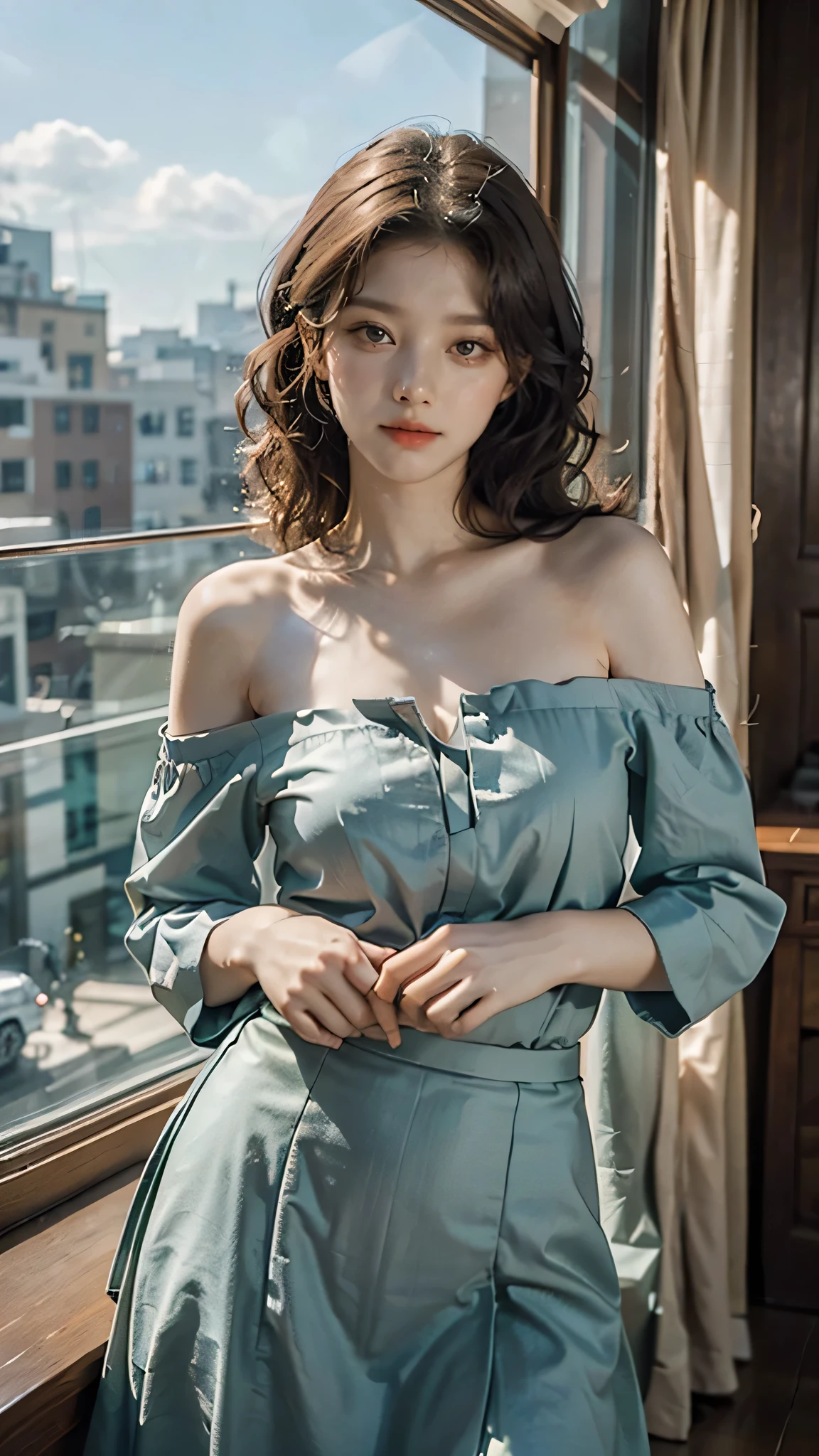detailed background, masterpiece, best quality, 1 person , curly hair, long hair, purple eyes, star in eye , green Strapless blouse, long skirt