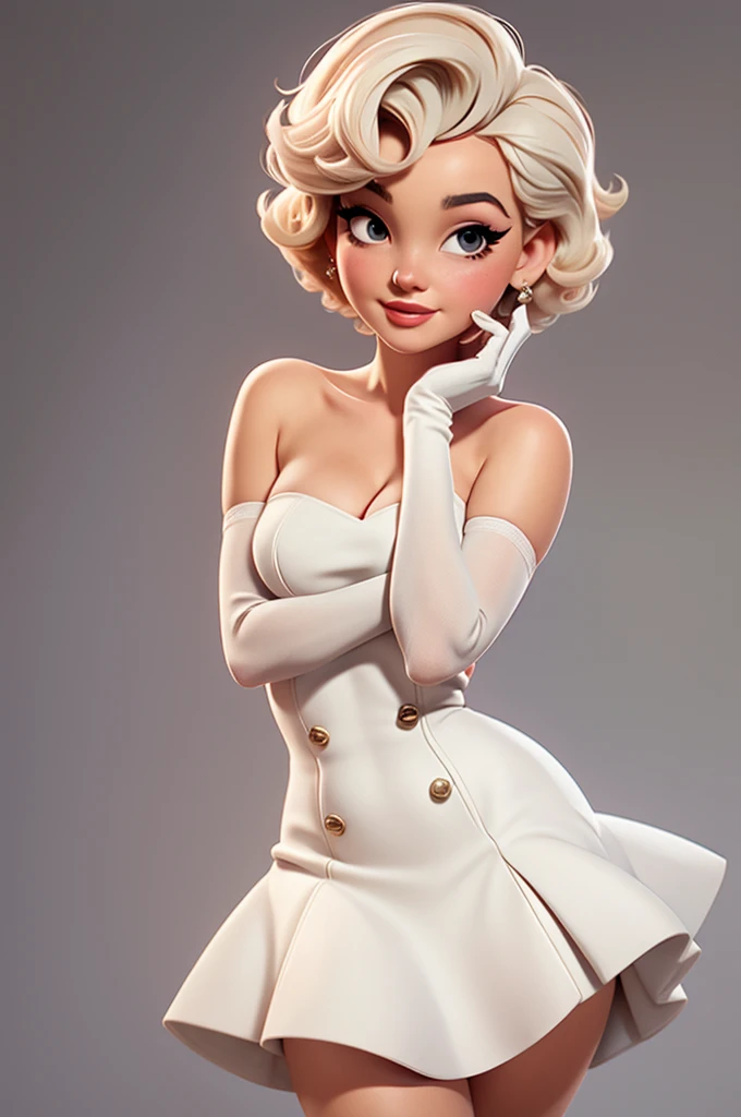 marylin monroe short hair pin up white dress. pink gloves
