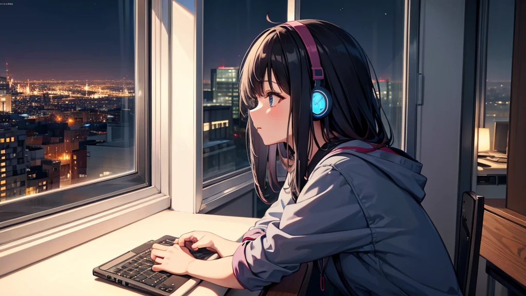 A girl is listening to music on a computer by the window. Outside the window is a night city.