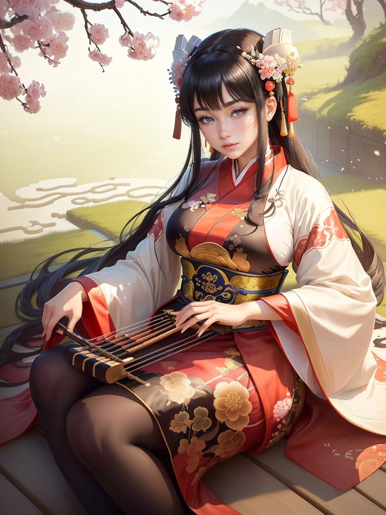 a close up of a woman in a kimono dress playing a musical instrument, ancient chinese princess, ancient chinese beauties, palace , a girl in hanfu, beautiful character painting, a beautiful fantasy empress, traditional chinese, chinese girl, by Qu Leilei, ancient chinese goddess, inspired by Ju Lian, beautiful render of tang dynasty, beautiful alluring anime woman, beautiful anime woman, beautiful character painting, Highly detailed CG unit 8k wallpaper, masterpiece, High resolution, highest quality, highest quality real texture skin, Super Real, Digital Painting, Best image quality, 最High resolution, 8k, (((Highly detailed eyes and face, Beautiful eyes every detail))), disproportionate breasts, huge breasts, sagging breasts, gigantic breasts, black hair, grin,