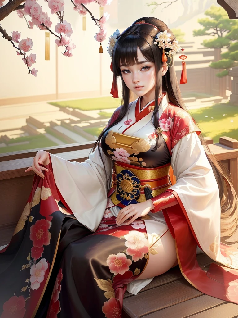 a close up of a woman in a kimono dress playing a musical instrument, ancient chinese princess, ancient chinese beauties, palace , a girl in hanfu, beautiful character painting, a beautiful fantasy empress, traditional chinese, chinese girl, by Qu Leilei, ancient chinese goddess, inspired by Ju Lian, beautiful render of tang dynasty, beautiful alluring anime woman, beautiful anime woman, beautiful character painting, Highly detailed CG unit 8k wallpaper, masterpiece, High resolution, highest quality, highest quality real texture skin, Super Real, Digital Painting, Best image quality, 最High resolution, 8k, (((Highly detailed eyes and face, Beautiful eyes every detail))), disproportionate breasts, huge breasts, sagging breasts, gigantic breasts, black hair, grin,