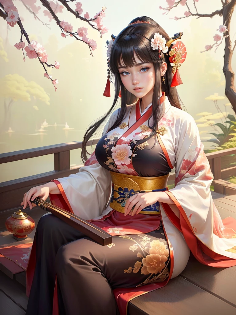 a close up of a woman in a kimono dress playing a musical instrument, ancient chinese princess, ancient chinese beauties, palace , a girl in hanfu, beautiful character painting, a beautiful fantasy empress, traditional chinese, chinese girl, by Qu Leilei, ancient chinese goddess, inspired by Ju Lian, beautiful render of tang dynasty, beautiful alluring anime woman, beautiful anime woman, beautiful character painting, Highly detailed CG unit 8k wallpaper, masterpiece, High resolution, highest quality, highest quality real texture skin, Super Real, Digital Painting, Best image quality, 最High resolution, 8k, (((Highly detailed eyes and face, Beautiful eyes every detail))), disproportionate breasts, huge breasts, sagging breasts, gigantic breasts, black hair, grin,
