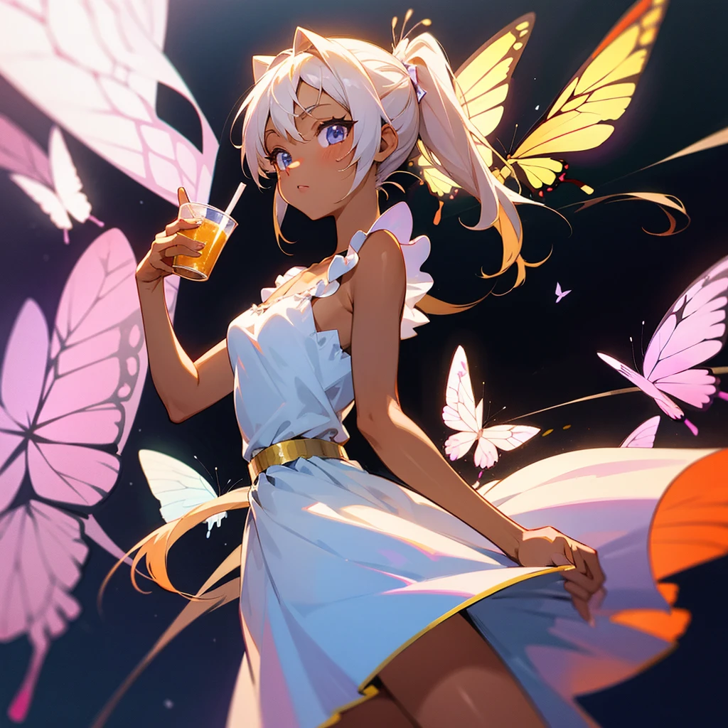 A anime girl who have a pony tail and she wears a butterfly dress and she holds a cup and her skin colour is tan