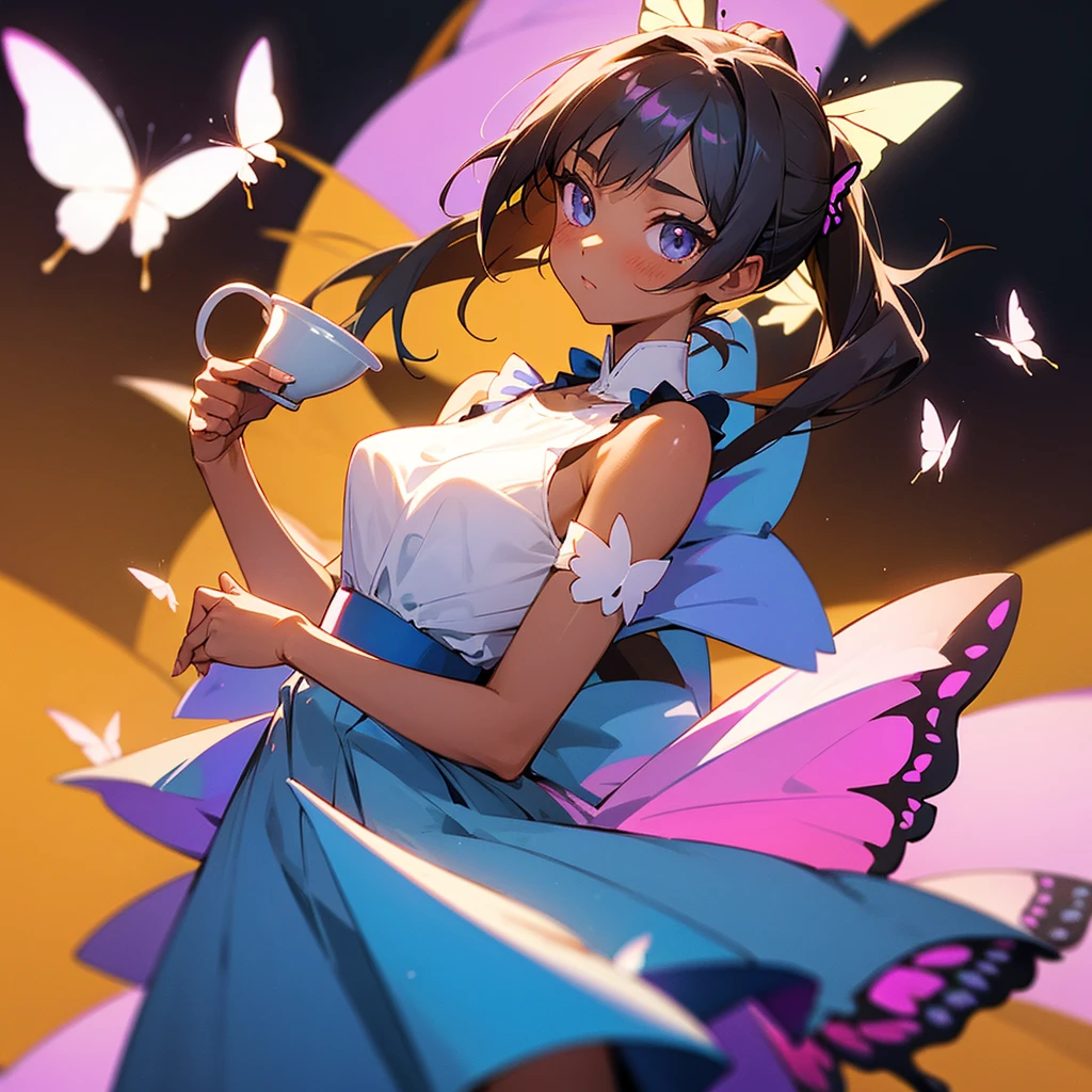 A anime girl who have a pony tail and she wears a butterfly dress and she holds a cup and her skin colour is tan