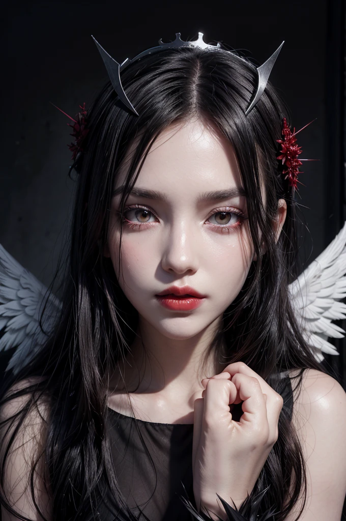 draw me a drawing of an angel with her black wings crown of thorns and hands covered in shadows bright red lips pale skin and bright scarlet red eyes, and hair as black as dark, also put on a mask covering only the beautiful woman's eyes, and make her with a convincing and mischievous smile, a very beautiful angel with a young appearance and appearing to be about 18 years old. holding a golden sword with golden wings behind it, and an insane expression. anime styling