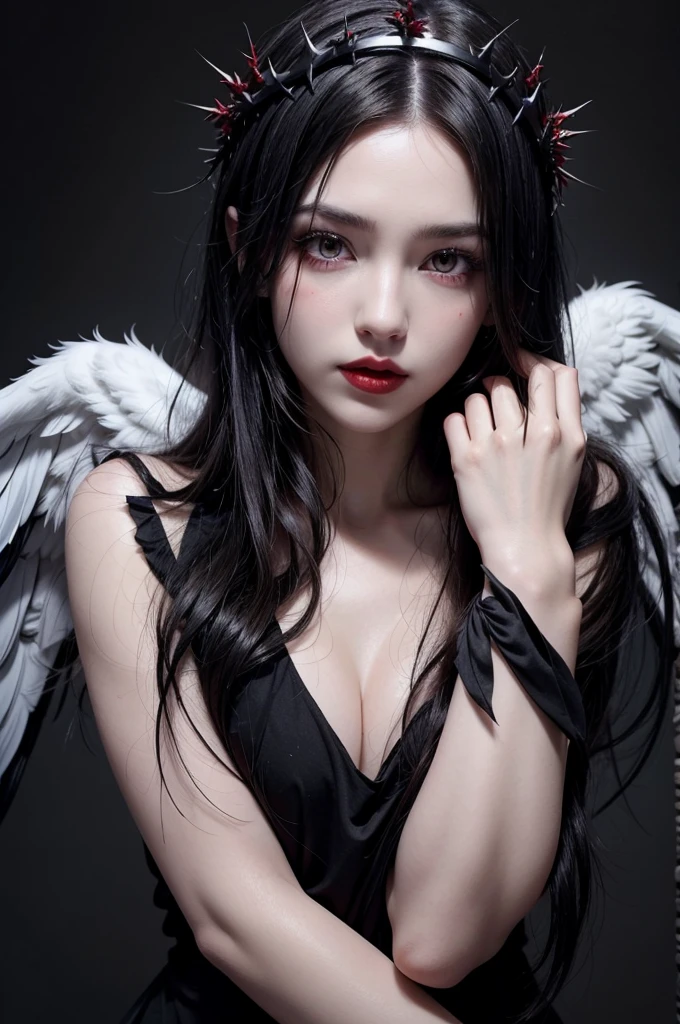 beutiful, lean, pale, White Skin Skin, Female 25 years old, long black hair. Fallen angel. Angel of light. Red water. higly detailed. fine art photography. Cinematic Dramatic Lighting. white wings. Red water stains on a white torn dress. Glowing halo overhead. Saint&#39;s Pose, crucified. cross. gloom, Horror