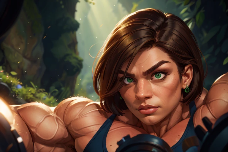 (masterpiece:1.2), (best quality), (ultra detailed), (8k, 4k, intricate),(full-body-shot:1), (highly detailed:1.2),(detailed face:1.2), (detailed background), muscle woman with dark hair, woman with huge muscles, stern expression, green eyes