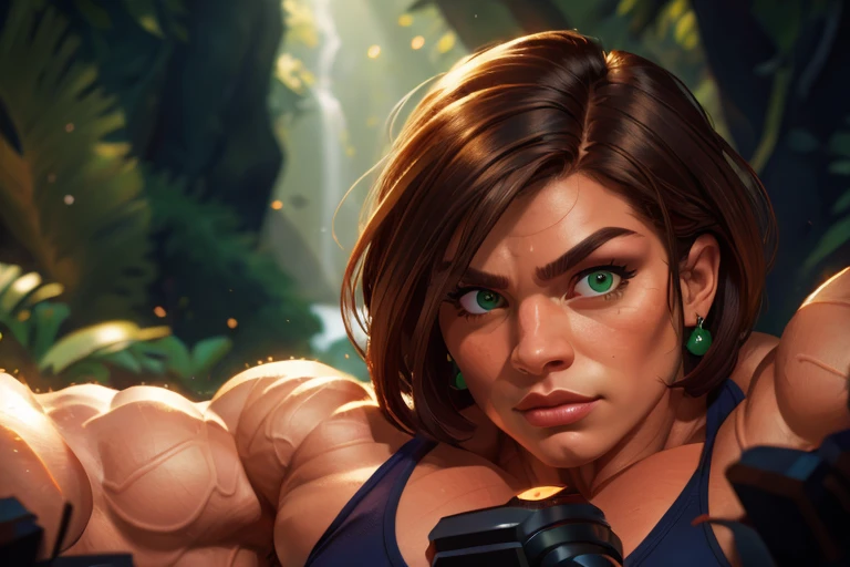 (masterpiece:1.2), (best quality), (ultra detailed), (8k, 4k, intricate),(full-body-shot:1), (highly detailed:1.2),(detailed face:1.2), (detailed background), muscle woman with dark hair, woman with huge muscles, stern expression, green eyes