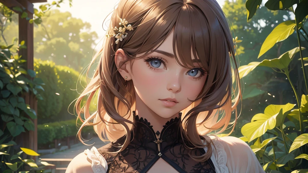 a girl in a serene garden, detailed face and eyes, long eyelashes, beautiful detailed lips, medium:digital painting, intricate background, (best quality,4k,8k,highres,masterpiece:1.2),ultra-detailed,(realistic,photorealistic,photo-realistic:1.37),studio lighting,vibrant colors,soft lighting,serene,whimsical,nostalgic,lofi,fantasy,warm tones
