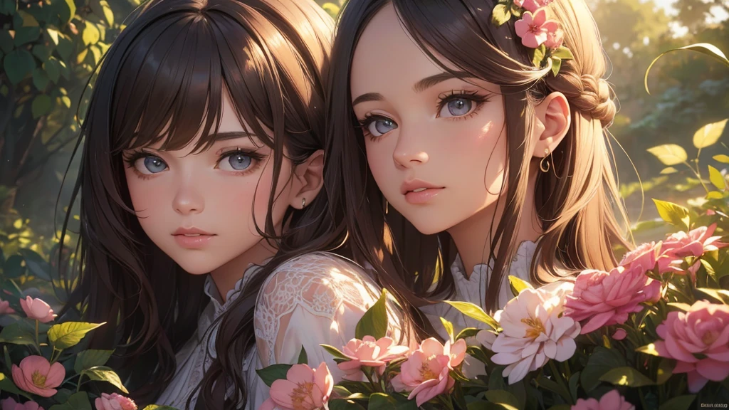 a girl in a serene garden, detailed face and eyes, long eyelashes, beautiful detailed lips, medium:digital painting, intricate background, (best quality,4k,8k,highres,masterpiece:1.2),ultra-detailed,(realistic,photorealistic,photo-realistic:1.37),studio lighting,vibrant colors,soft lighting,serene,whimsical,nostalgic,lofi,fantasy,warm tones