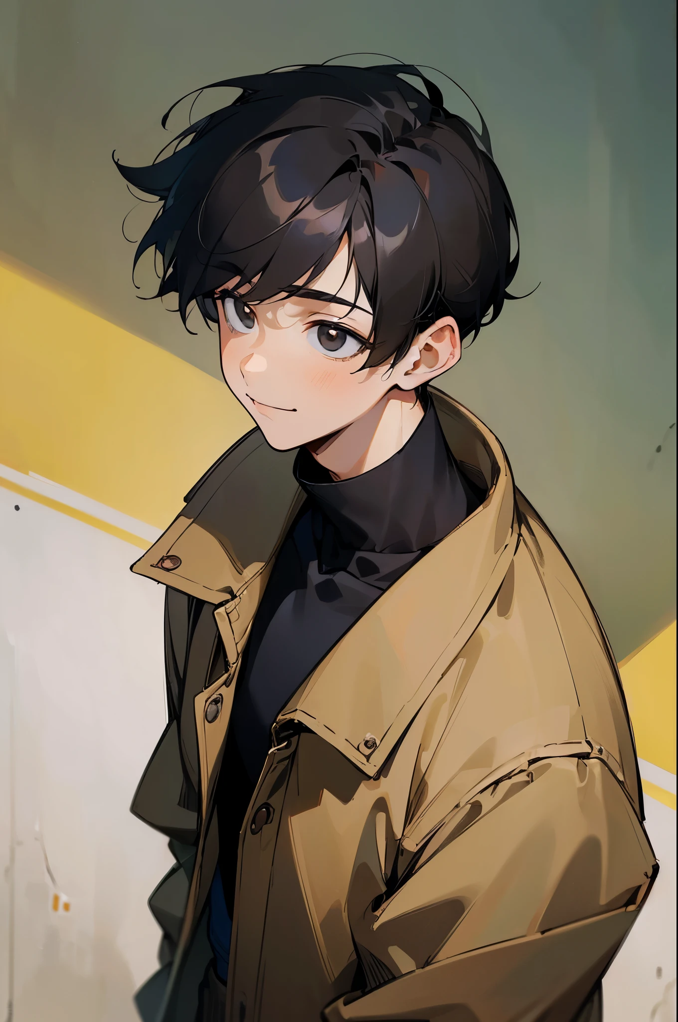 (((masterpiece))), ((best quality)), 1boy, male, young boy, ((looking away from camera)), (looking up to the bottow), brown utility jacket, black turtleneck, thin glasses, black hair, black eyes, hopeful eyes, shy smile, in the streets