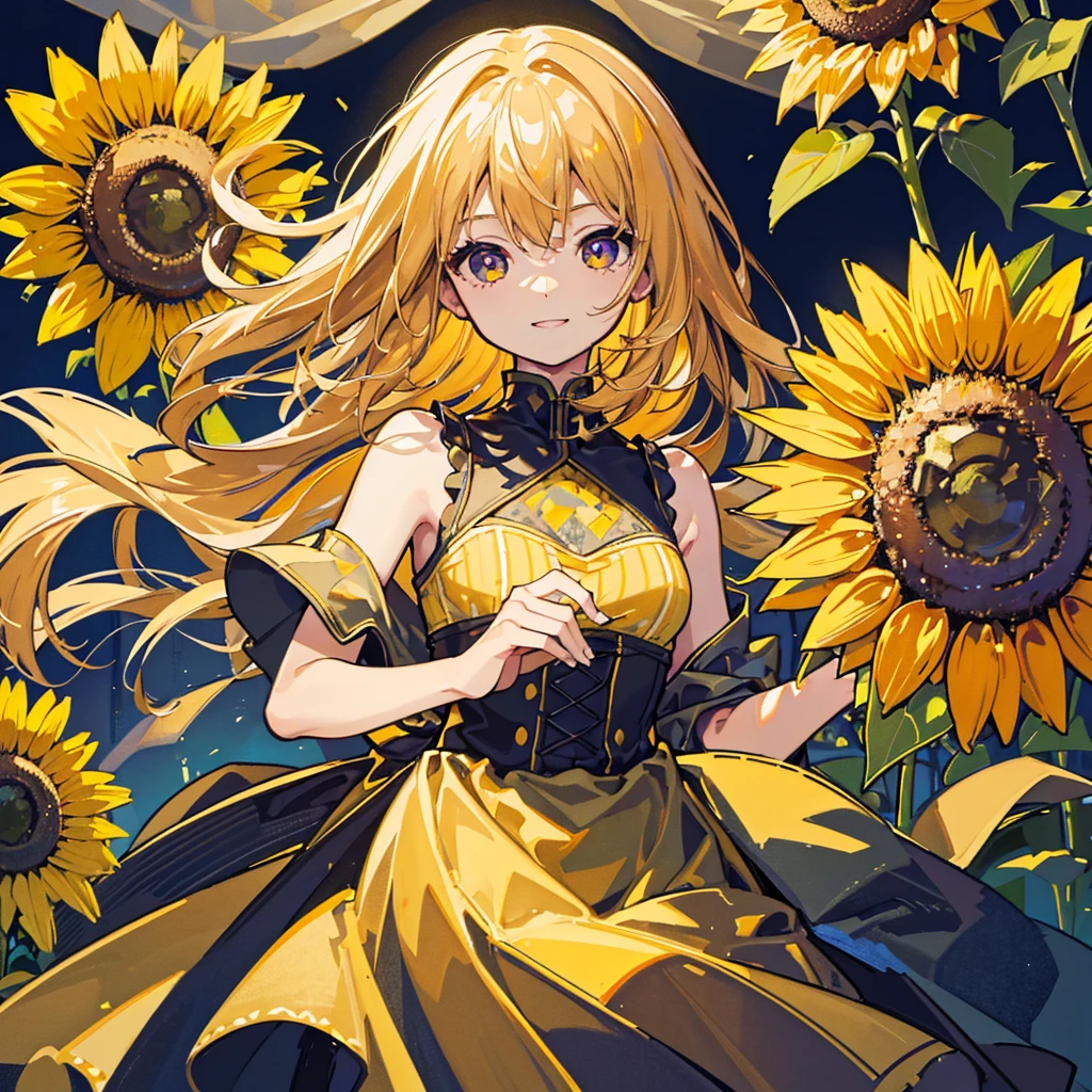 Sunflower themed artwork, ((Highest quality)), High resolution, 8k, Cinematic Light, High Contrast, Written boundary depth、Summer Dresses、smile、Approachable、warm、sharp、beautiful, Strong brilliance, Detailed Background, One Girl, cute, fine grain, Shining Eyes, Detailed Iris、
