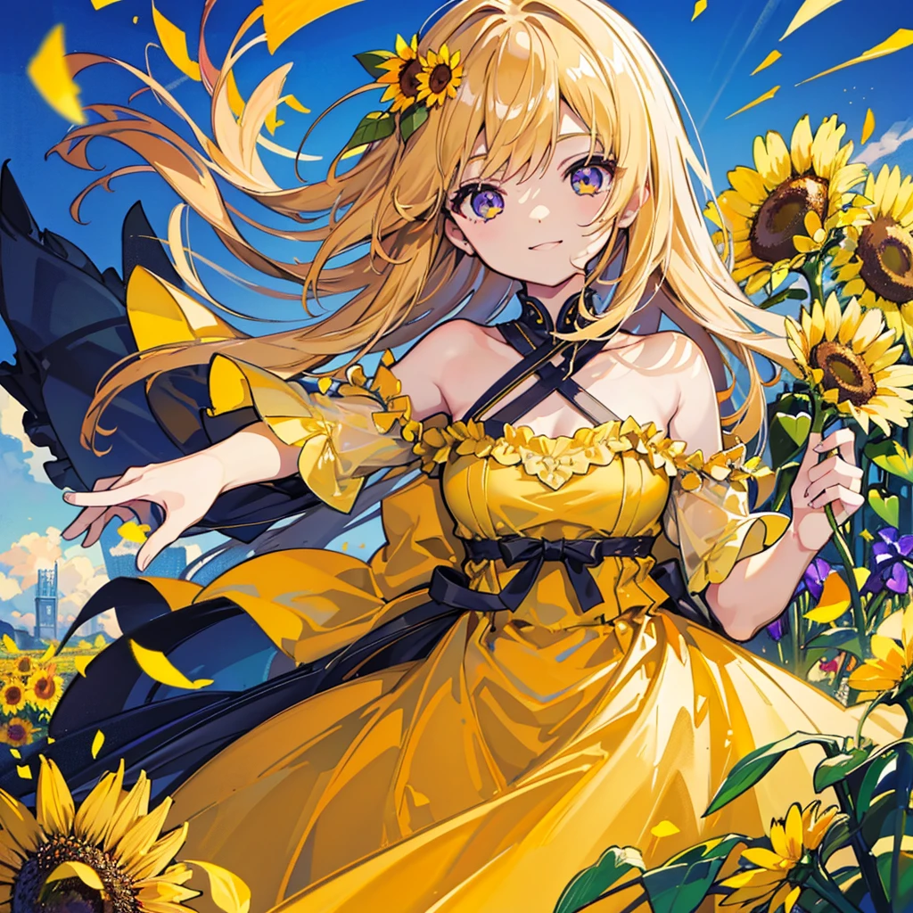 Sunflower themed artwork, ((Highest quality)), High resolution, 8k, Cinematic Light, High Contrast, Written boundary depth、Summer Dresses、smile、Approachable、warm、sharp、beautiful, Strong brilliance, Detailed Background, One Girl, cute, fine grain, Shining Eyes, Detailed Iris、

