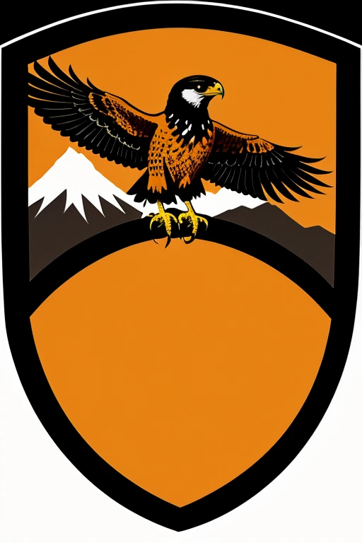 A national shield with orange and black details featuring a falcon over a mountain screaming