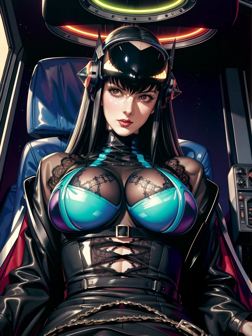 ((gothic vampire piloting in gothic spacecraft)), (((retro anime))), ((from below)), ((120 fov)), ((((gothic)) control panels)), (((mature))), (((gothic))), iridescent bodysuit, (((lace accessories))), ((pilot seat)), ((((lying back)) pose)), (((elegant))), (((serious tone))), ((cockpit top control panel)), intricate control panel details, close-up, 1990s (style), masterpiece, ((claustrophobic)), best quality, screens, ((pilot helmet)), night, low key light, (colorful cockpit lights), sparkles, (dramatic lighting), sweat, [blushing], [[pointy ears]]