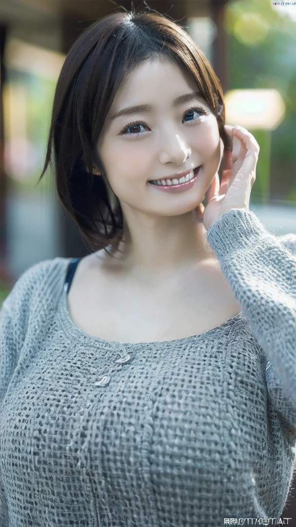 (Realistic, photo-Realistic:1.37), (masterpiece), (Highest quality:1.4), (Ultra-high resolution:1.2),(RAW Photos:1.2), (Sharp focus:1.3), (Face Focus:1.4), Vivid details, hyper Realistic, elegant, Professional attire, In detail, Portraiture, BREAK Japanese Idol, (Smile), (whole), (Huge breasts), Raise the hand, short hair,