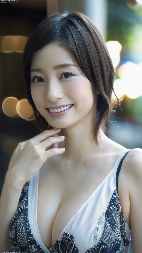 (Realistic, photo-Realistic:1.37), (masterpiece), (Highest quality:1.4), (Ultra-high resolution:1.2),(RAW Photos:1.2), (Sharp focus:1.3), (Face Focus:1.4), Vivid details, hyper Realistic, elegant, Professional attire, In detail, Portraiture, BREAK Japanese Idol, (Smile), (whole), (Huge breasts), Raise the hand, short hair,