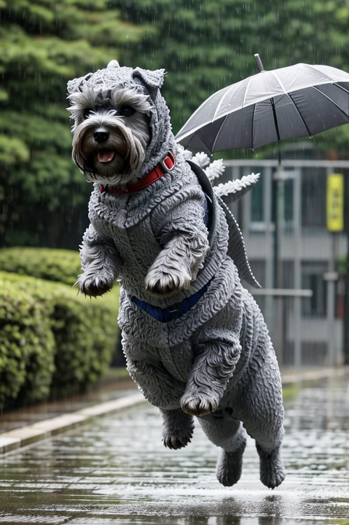 cute Schnauzer in gray Godzilla costume jumping in the rain on a beautiful summer day, in Japan.