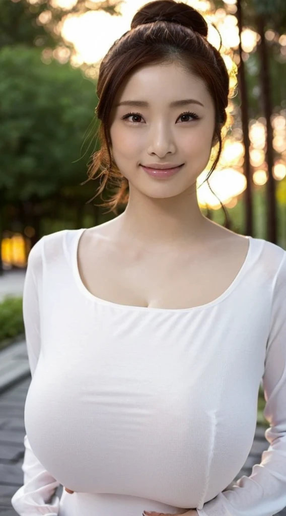 (masterpiece,high quality:1.3),(Depth of written boundary:1.3) ,((Front body:1.35)), Japanese ,woman,Hair Bun, Long sleeves Round neck ,t shirt maxi (((tight))) dress,(Huge breasts:1.5),(View your viewers:1.3),(whole body:1.2)