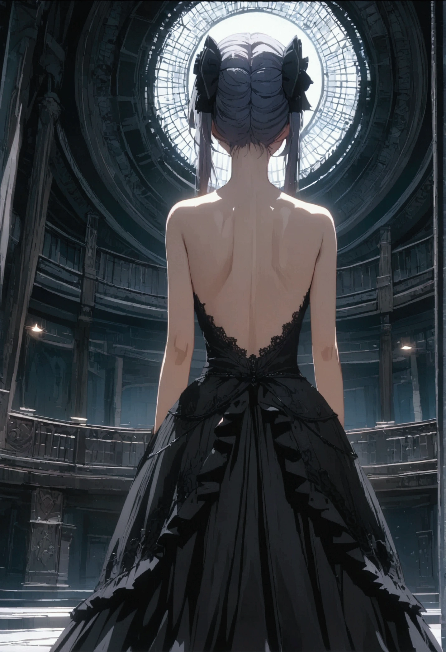 gothic ta, goth, women, intricate details, highly detailed, 4k, cinematic, (naked), (anime), dynamic, back pose, bowed down