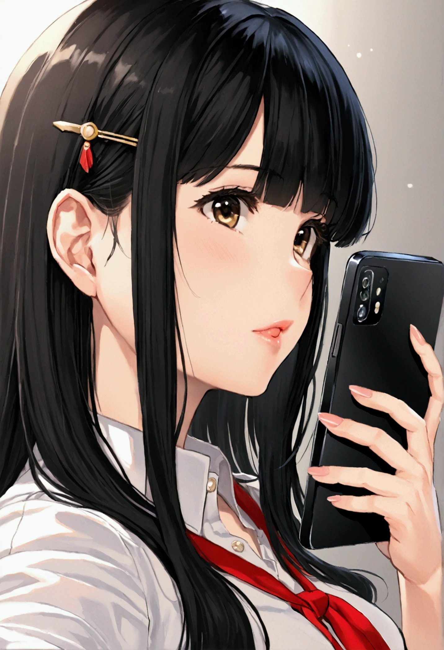 score_9, score_8_superior, score_7_superior, Cowboy Shot, From the side, One girl, smartphone, Selfie, amount, Hair Clip, Voice of the Heart, Black Hair, bangs,
,
