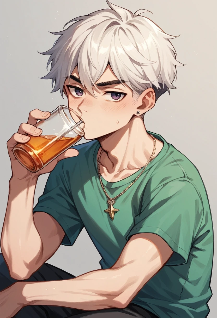 Young and handsome mafia , white hair till shoulder drinking whiskey