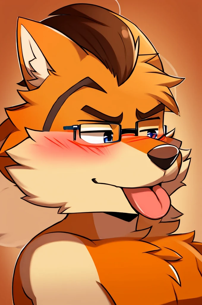 An orange male wolf with glasses without a shirt and with his tongue out and his mouth closed showing his sheepskin and blushing