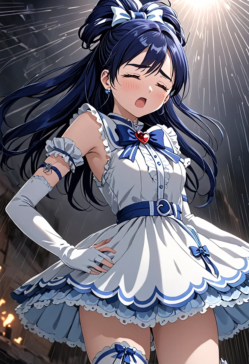 (She is suffering from being bitten on the arm by a man:1.5)、Cure White,hair ribbon,Chest ribbon,big ribbon, mini skirt, white choker, thigh straps, elbow gloves, heart brooch,Heart Earrings,detailed hair and outfit, long flowing dark blue hair, white and blue frilly dress, white gloves and boots, blushing, feeling pain, suffering from arm being bitten by enemy, dynamic and intense scene, background with sound waves, eyes closed, masterpiece, best quality, highly detailed background, perfect lighting, (beautiful, best quality: 1.1), masterpiece, perfect eyes, (beautiful), (erotic: 1.2)