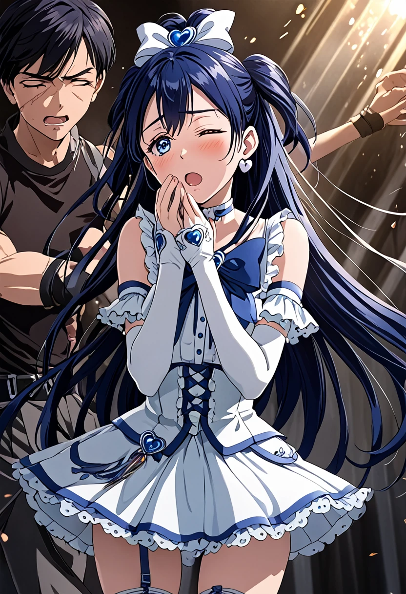 (She is suffering from being bitten on the arm by a man:1.5)、Cure White,hair ribbon,Chest ribbon,big ribbon, mini skirt, white choker, thigh straps, elbow gloves, heart brooch,Heart Earrings,detailed hair and outfit, long flowing dark blue hair, white and blue frilly dress, white gloves and boots, blushing, feeling pain, suffering from arm being bitten by enemy, dynamic and intense scene, background with sound waves, eyes closed, masterpiece, best quality, highly detailed background, perfect lighting, (beautiful, best quality: 1.1), masterpiece, perfect eyes, (beautiful), (erotic: 1.2)