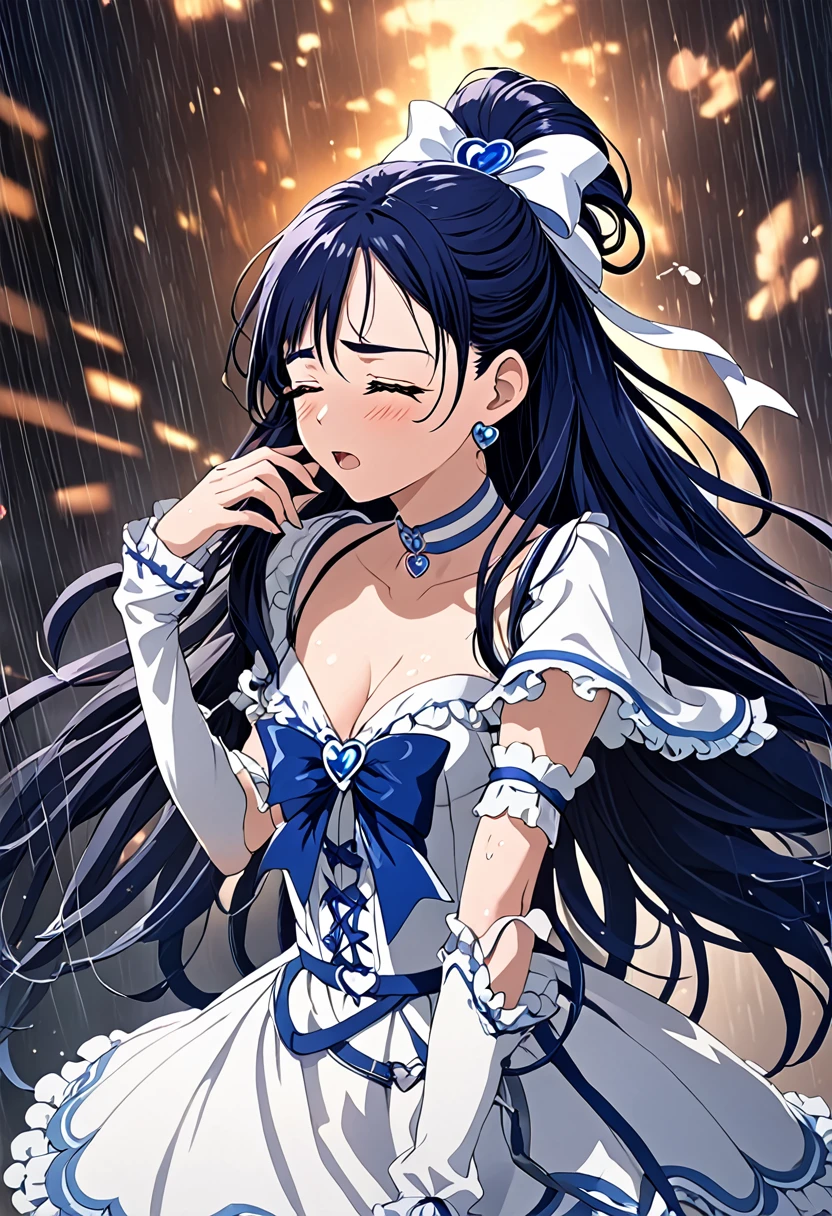 (She is suffering from being bitten on the arm by a man:1.5)、Cure White,hair ribbon,Chest ribbon,big ribbon, mini skirt, white choker, thigh straps, elbow gloves, heart brooch,Heart Earrings,detailed hair and outfit, long flowing dark blue hair, white and blue frilly dress, white gloves and boots, blushing, feeling pain, suffering from arm being bitten by enemy, dynamic and intense scene, background with sound waves, eyes closed, masterpiece, best quality, highly detailed background, perfect lighting, (beautiful, best quality: 1.1), masterpiece, perfect eyes, (beautiful), (erotic: 1.2)