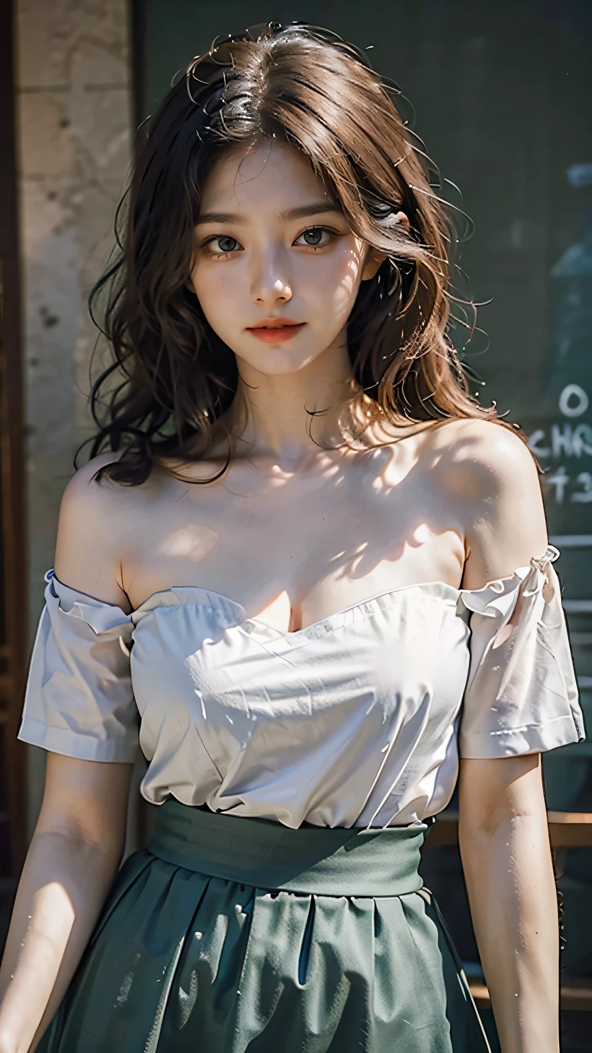 detailed background, masterpiece, best quality, 1 person , curly hair, long hair, purple eyes, star in eye , green Strapless blouse, long skirt