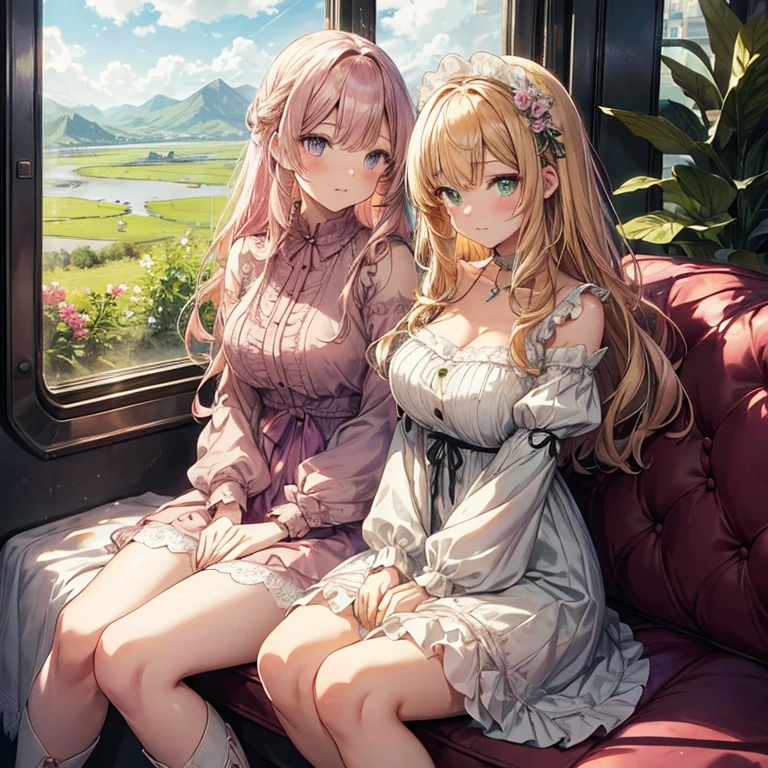Generate an 18-year-old anime girl with waist-length pink hair with bangs, large jade green eyes, and a fair complexion. She has medium breast size, thin thighs, is curvy, and thin. She is dressed in a cute, flowing frock with floral patterns in pastel shades of pink and white. The frock has short, puffed sleeves and a delicate lace trim. She wears a simple silver necklace and a matching bracelet. An orange tabby cat with striking green eyes and a white belly sits on her lap, purring softly as she strokes its fur. The cat has a playful expression and a small bell on its collar. Beside her is another 18-year-old anime girl with long blonde hair in loose waves, large amethyst purple eyes, and a fair complexion. She has medium-big breast size, decent thigh thickness, is curvy, and normal thinness. She is dressed in a vintage-inspired tea dress with lace details and a ribbon tie, paired with ankle boots. The dress is cream-colored with subtle floral embroidery. She wears an elegant brooch and a thin gold bracelet. Both girls are sitting together by the window of a train running through green mountains. Pink, with her waist-length pink hair, looks out the window with wide eyes and a gentle smile, reflecting her peaceful mood. The orange tabby cat purrs contentedly on her lap. Blonde, with her long blonde hair, holds a book and occasionally glances at the scenic view, wearing a serene and thoughtful expression. The sunlight filters through the window, casting a warm glow on their faces
