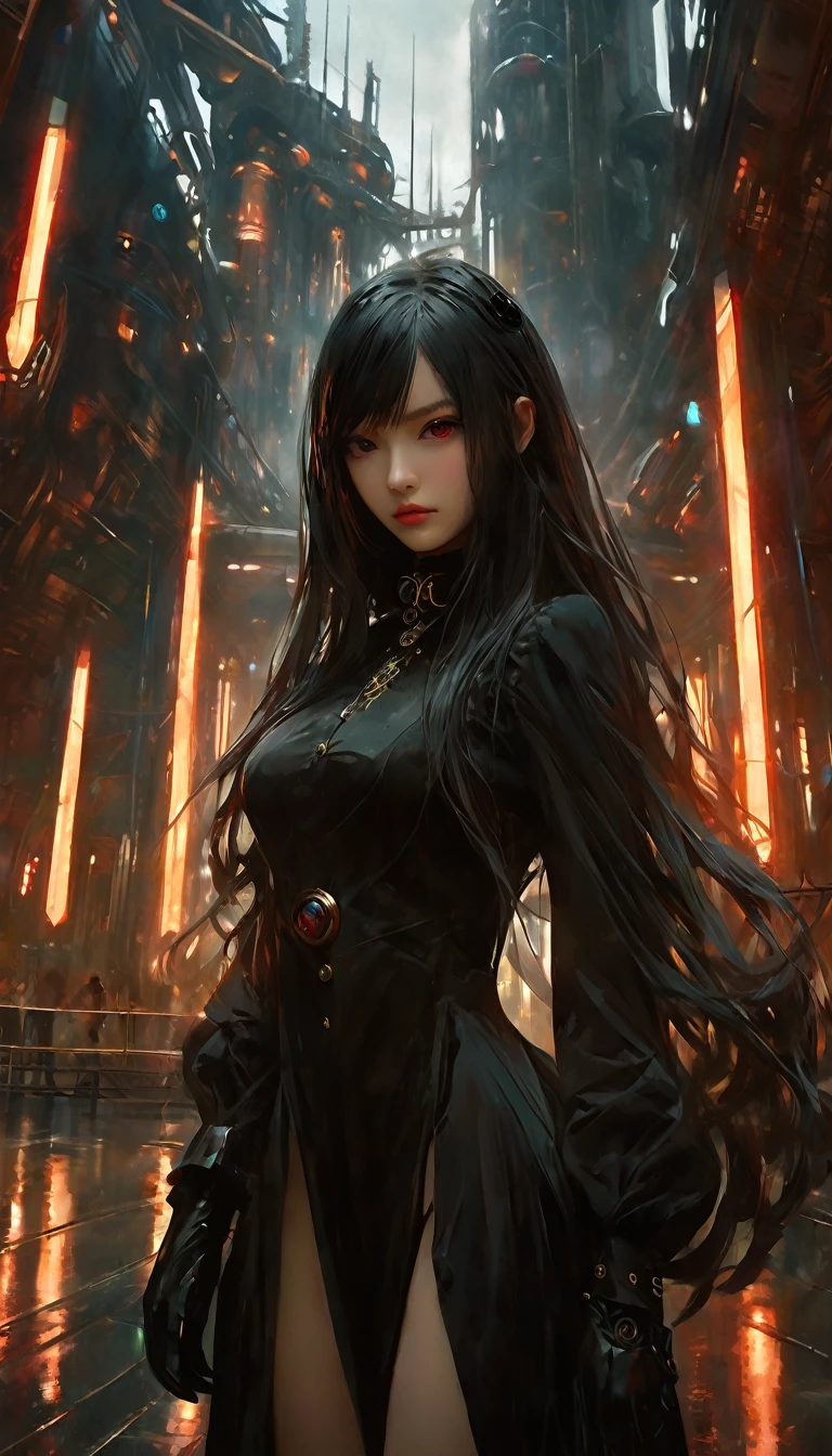 a woman dressed in anime style under a futuristic building, 1 girl, dress, alone, hair, gloves, two stories, futuristic landscape.1.5, looking at viewer, red eyes, long hair, black gloves, long sleeves, long hair, steampunk、Short hair , very detailed oil painting, chiaroscuro, sensual, dramatic lighting, moody atmosphere, photorealistic, intricate details, masterpiece, ultra-detailed, high quality, 8k, best quality, realistic, cinematic, dark and brooding, expressionistic, powerful composition, emotional impact, Bill Sienkiewicz inspired art
