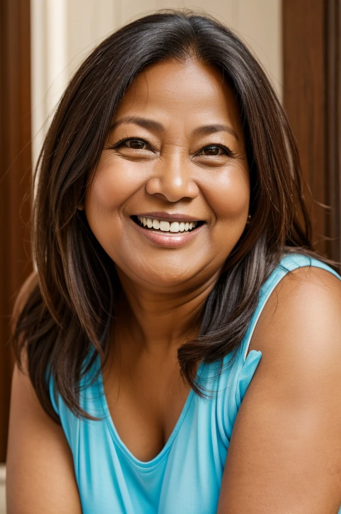Chubby 50 year old lady, brown skin, long laughing hair, light brown and small eyes, small and thin lips