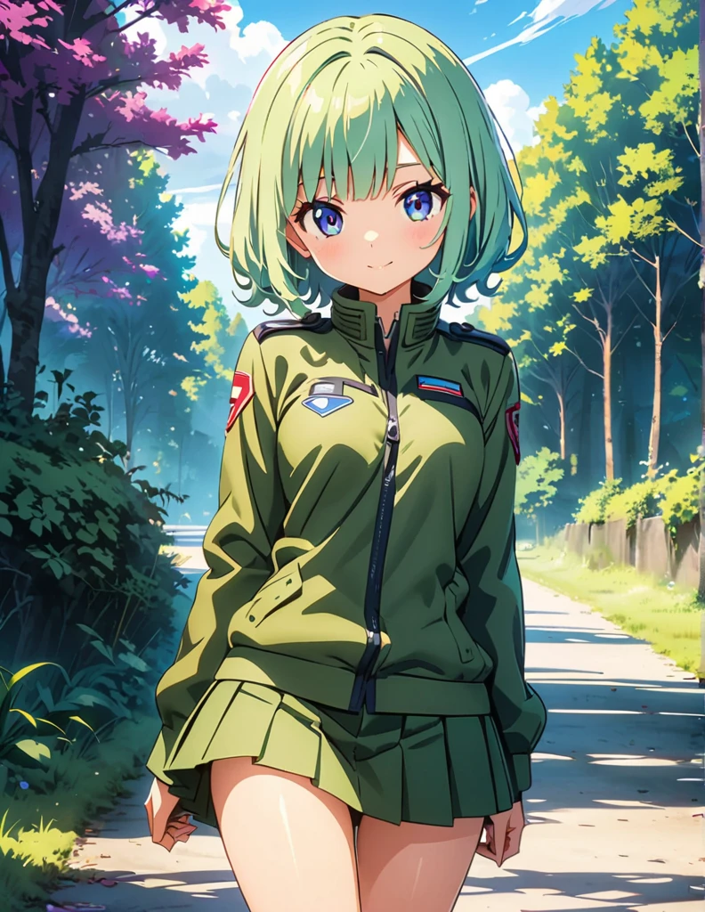 (anime artwork, anime style, studio anime, very detailed, up to date, vibrant, Anime Coloring, high contrast, masterpiece:1.2, best quality, best aesthetics),army suit, pleated skirt, Medium chest, A glimpse of thighs,random hair, One eye is hidden by the bangs, perfect proportions, high detail skin, Cute, detailed faces,forest, precise fingers,panty shot ,roll over,lying