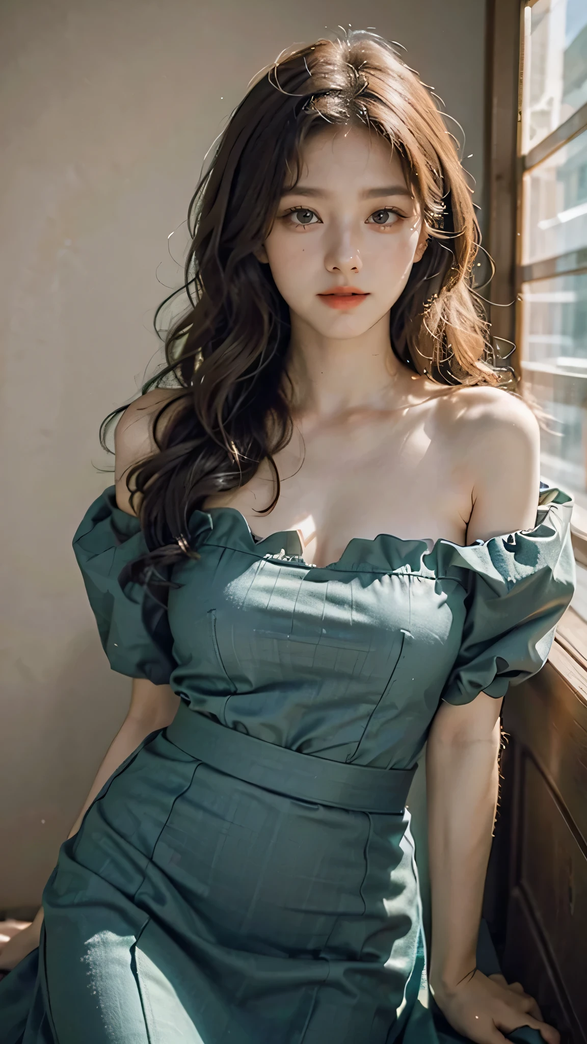 detailed background, masterpiece, best quality, 1 person , curly hair, long hair, purple eyes, star in eye , green Strapless blouse, long skirt