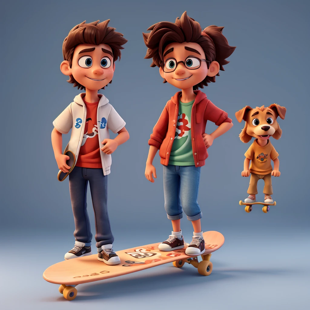 3D animated character with a skateboard and a dog