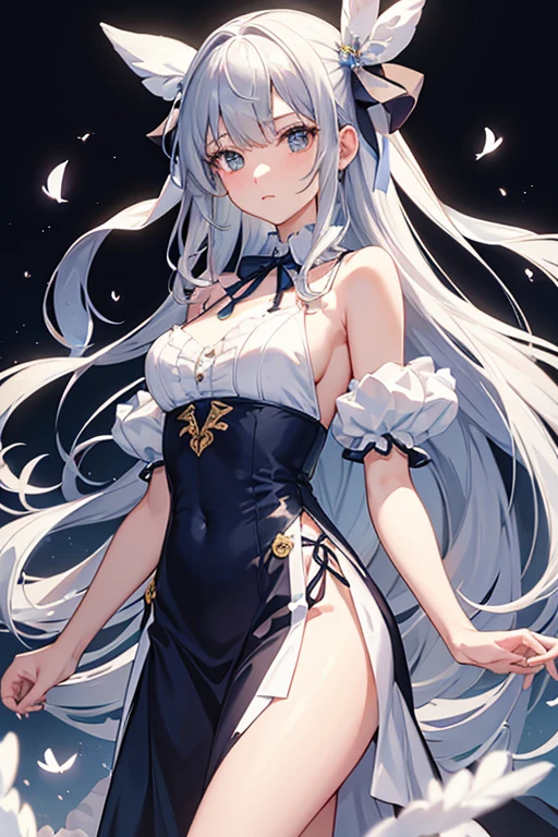 masterpiece, Highest quality, High resolution,Follow the on-screen instructions、Anime Style、Follow the prompts、One Girl、Long silver hair、A dress that can be removed by undoing the ribbon around the neck、Pull the ribbon around your neck、