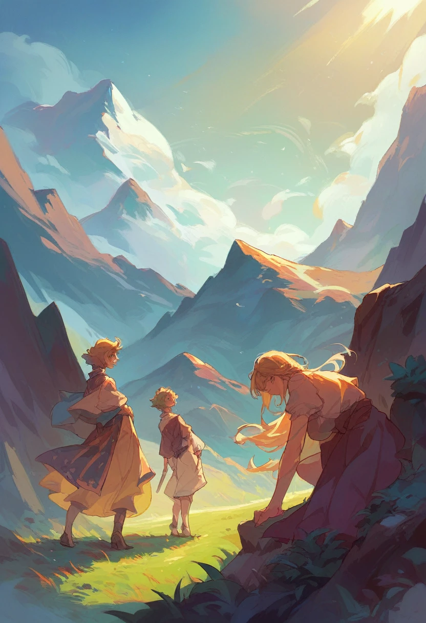 three guys looking at mountain, beautiful, sunrays
