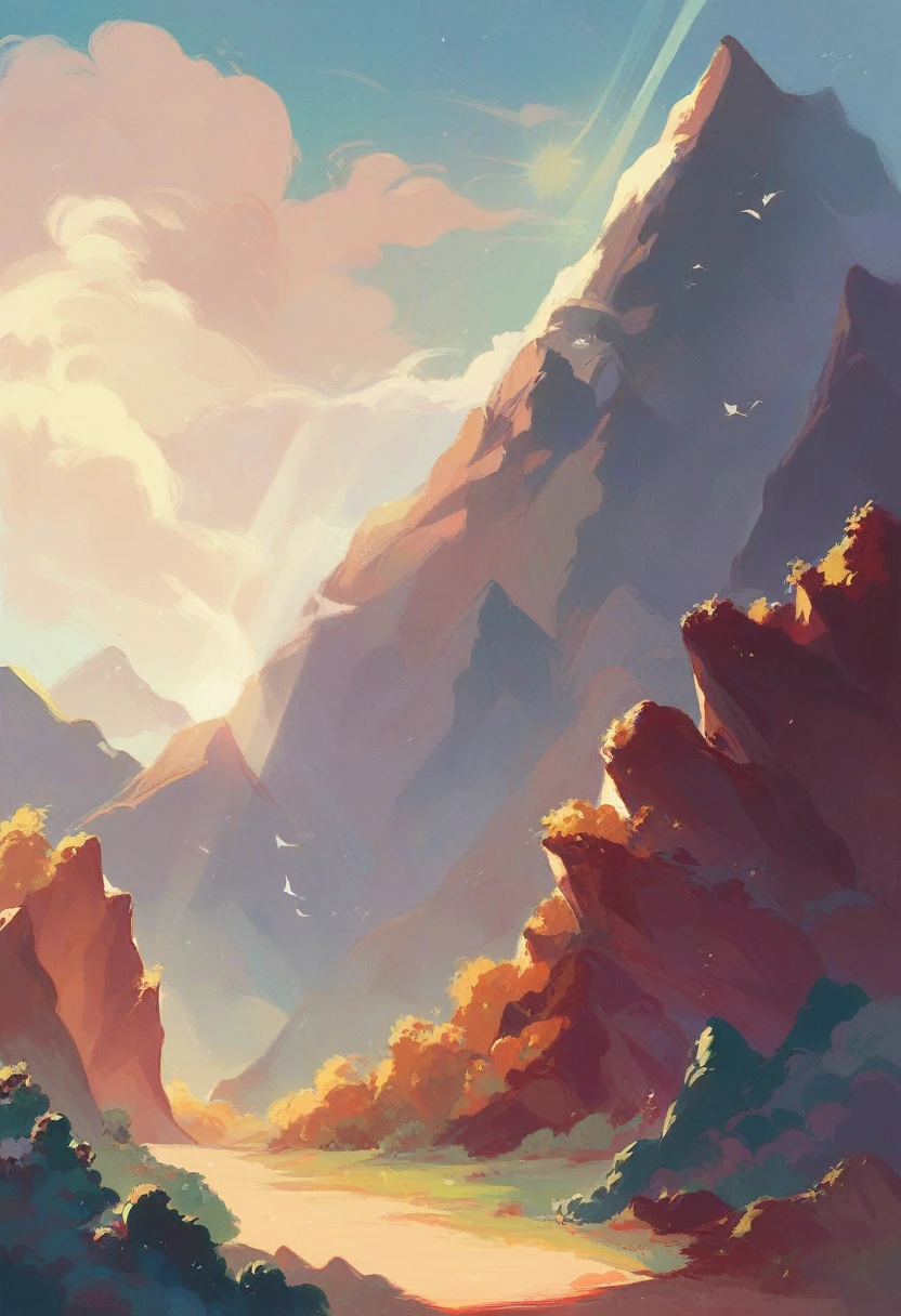 three guys looking at mountain, beautiful, sunrays
