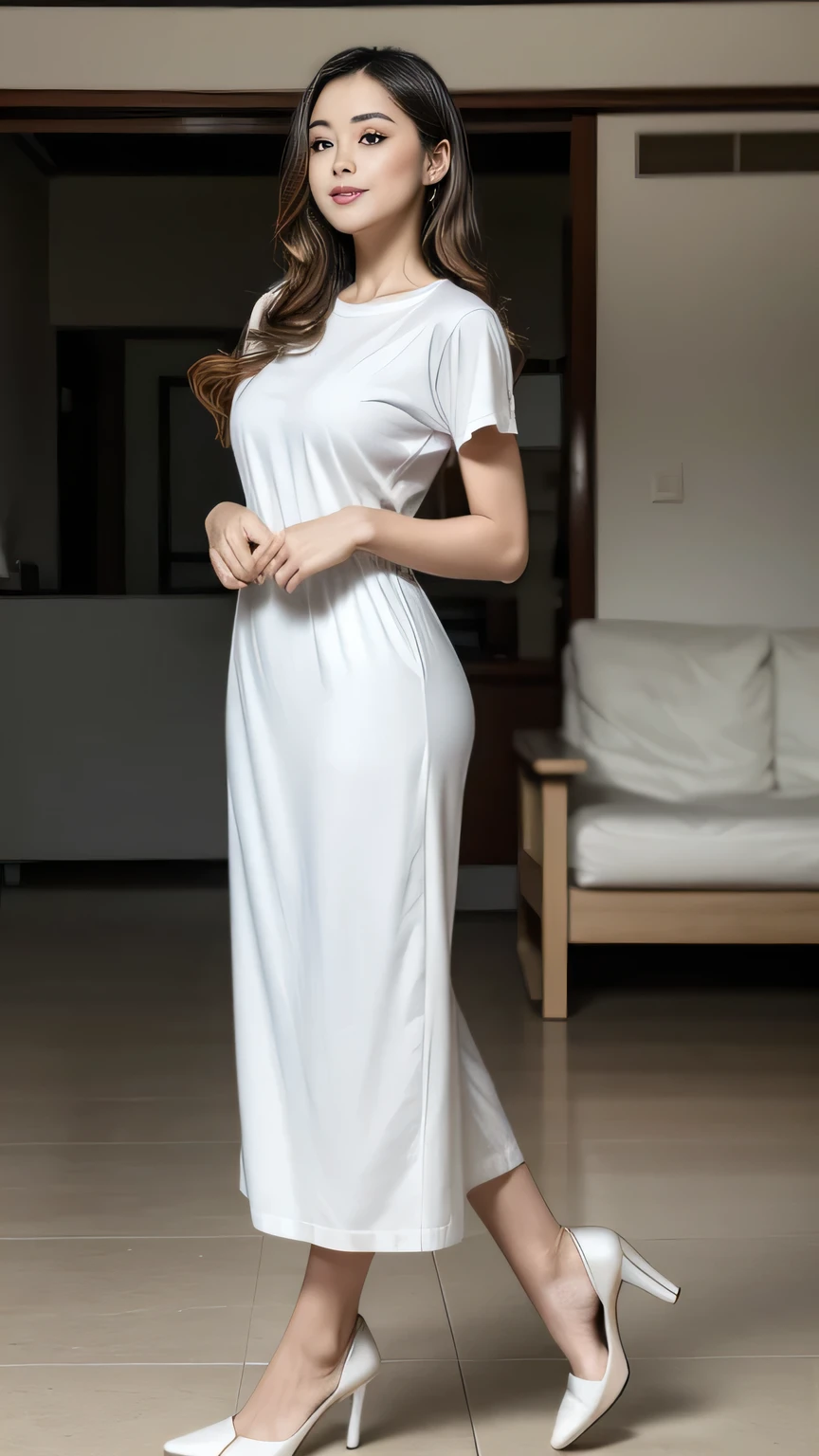 One Japanese woman, Housewife in her 30s、A full-body photo from head to toe、Walking towards here, Detailed face, Captivating smile, Detailed eyes, Thick chest, Smooth Skin, Light brown hair、Wavy long hair、Tight white T-shirt, Long skirt in maxi length, Wearing high heels、Looking at the audience, Low angle shot,(8k, RAW Photos, Highest quality, masterpiece: 1.2), (Realistic, Realistic: 1.37), Ultra-high resolution