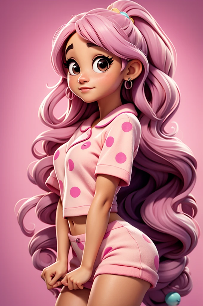 ariana grande, long hair, pajama pink with dots
 
