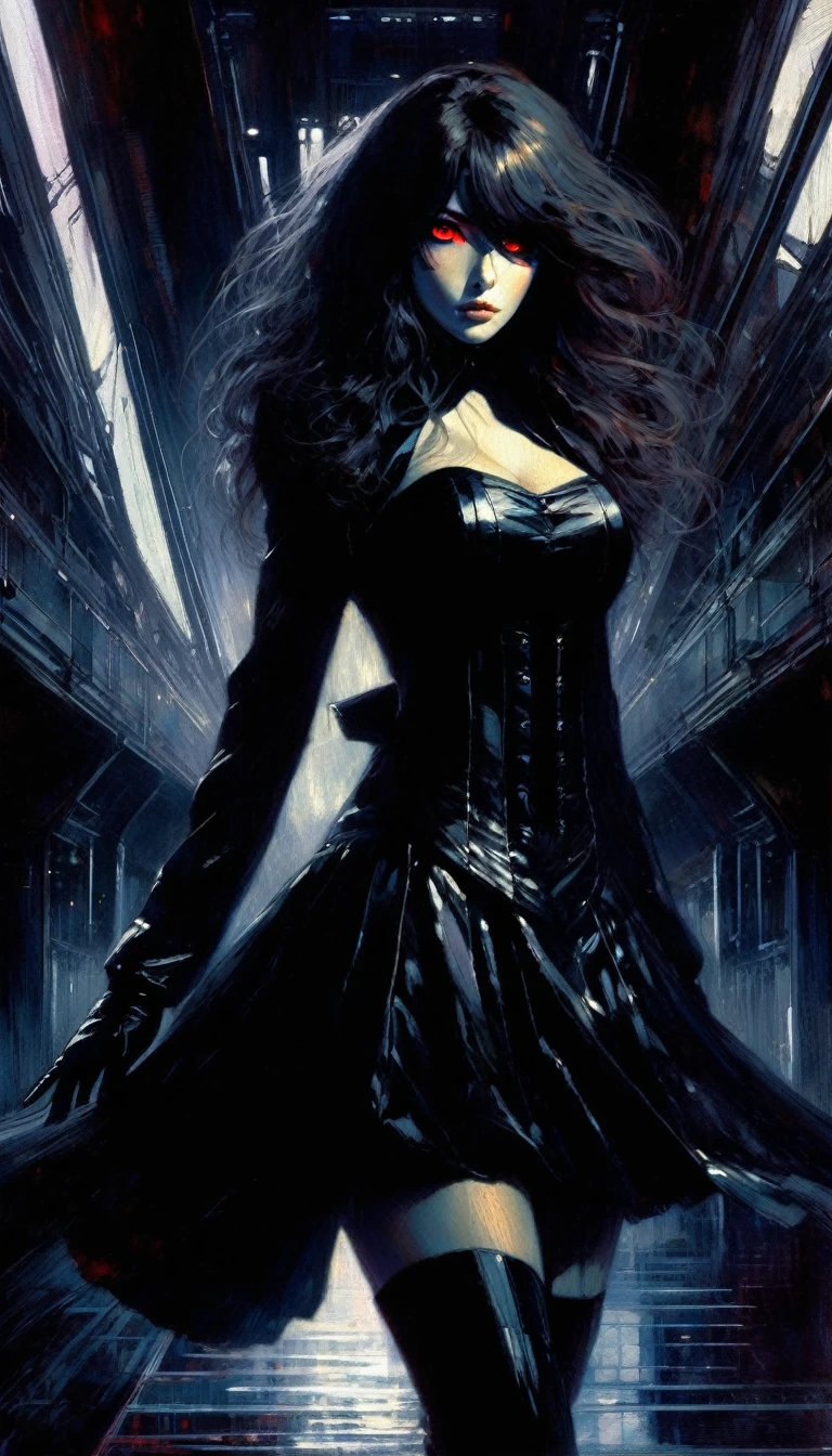 a woman dressed in anime style under a futuristic building, 1 girl, dress, alone, hair, gloves, two stories, futuristic landscape.1.5, looking at viewer, red eyes, long hair, black gloves, long sleeves, long hair, steampun, very detailed oil painting, chiaroscuro, sensual, dramatic lighting, moody atmosphere, dark and brooding, expressionistic, powerful composition, emotional impact, Bill Sienkiewicz inspired art
