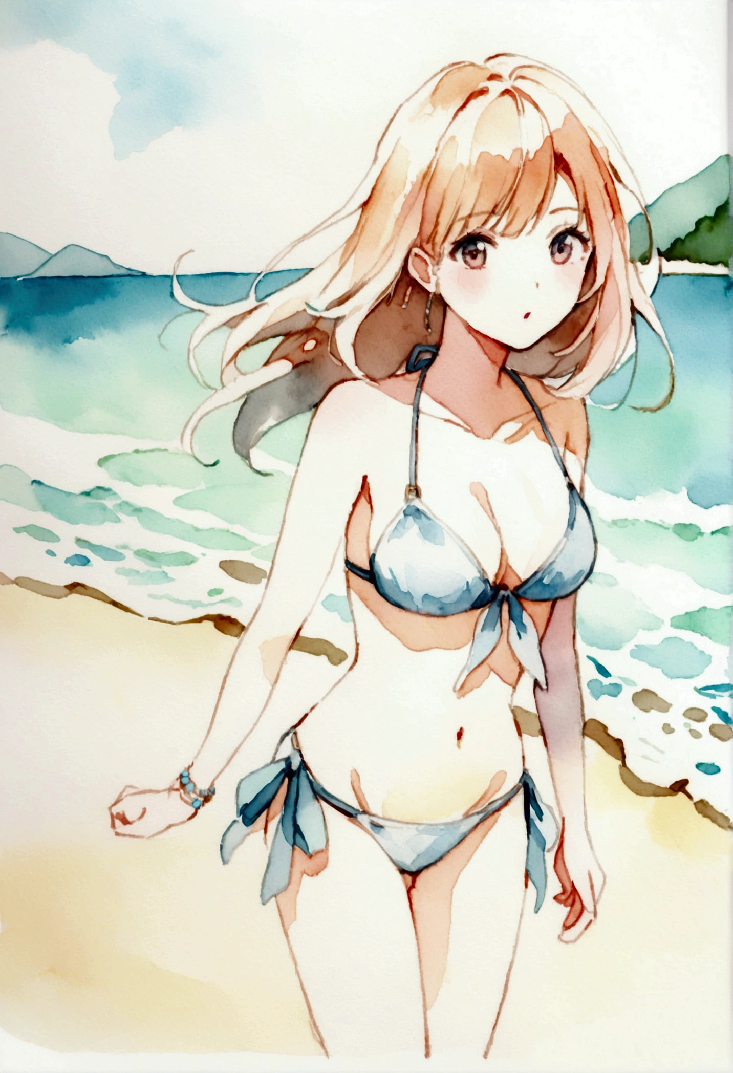(watercolor:0.8), bikini, solo girl