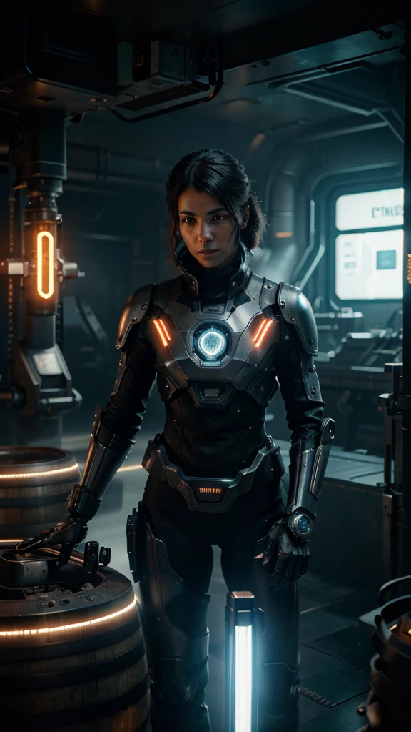 a futuristic sci-fi barrel, advanced technology, complex machinery, intricate details, glowing elements, metallic textures, industrial design, cinematic lighting, dramatic shadows, depth of field, volumetric fog, vibrant neon colors, bioluminescent accents, mechanical gears and pistons, advanced user interface, clean and sleek aesthetic, photorealistic, 8k, high quality, cinematic composition, concept art style
