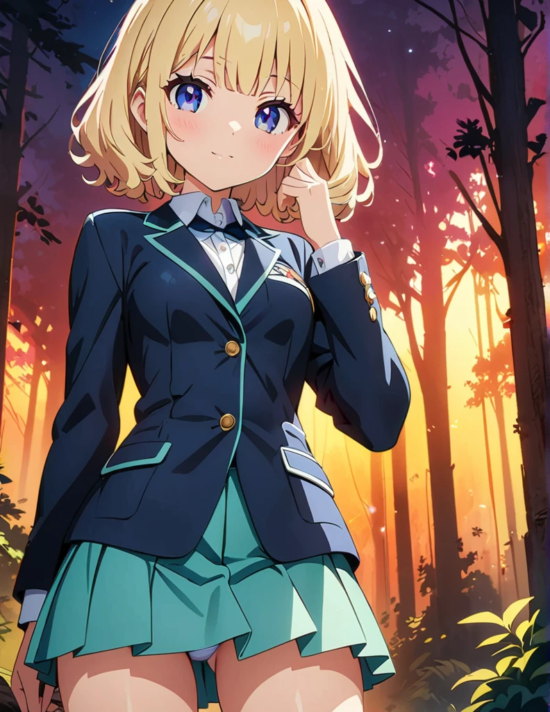 (anime artwork, anime style, studio anime, very detailed, up to date, vibrant, Anime Coloring, high contrast, masterpiece:1.2, best quality, best aesthetics),army suit, pleated skirt, Medium chest, A glimpse of thighs,random hair, One eye is hidden by the bangs, perfect proportions, high detail skin, Cute, detailed faces,forest, precise fingers,panty shot ,roll over,on back,